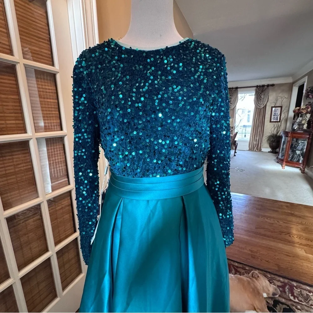 Girls Junior Formal Dress long-sleeve satin gown sequin bodice sash bow size 16